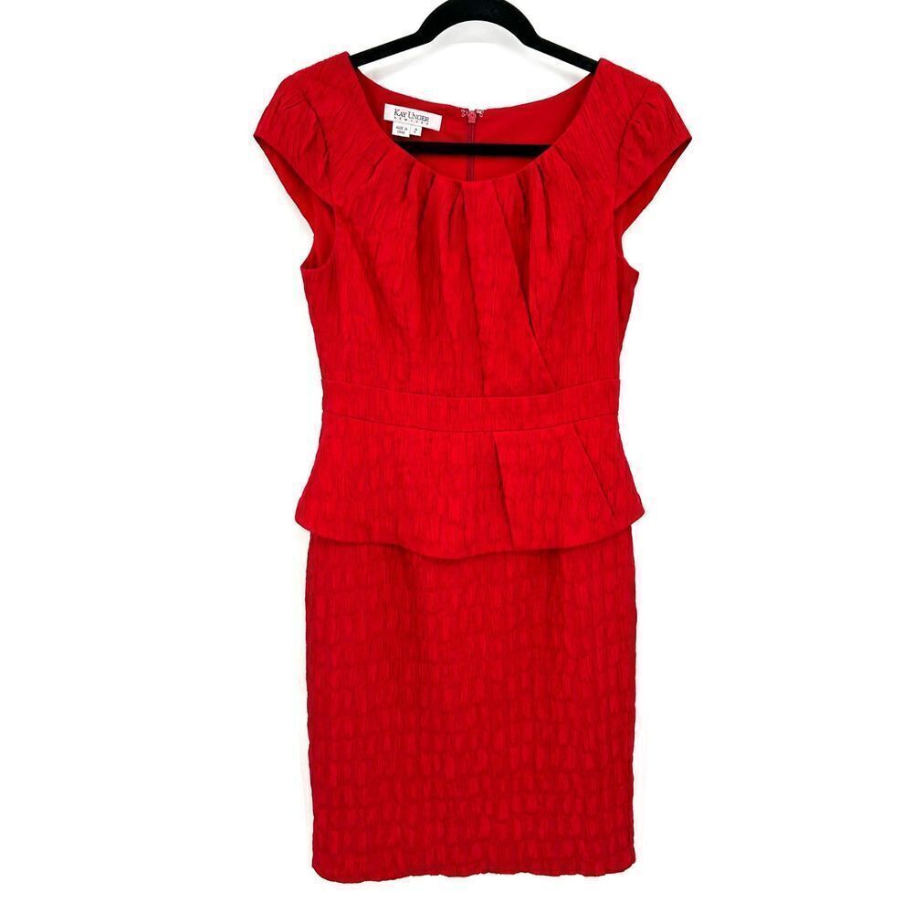 KAY UNGER Red Textured Peplum Knee Length Pleated Sheath Dress Size 2